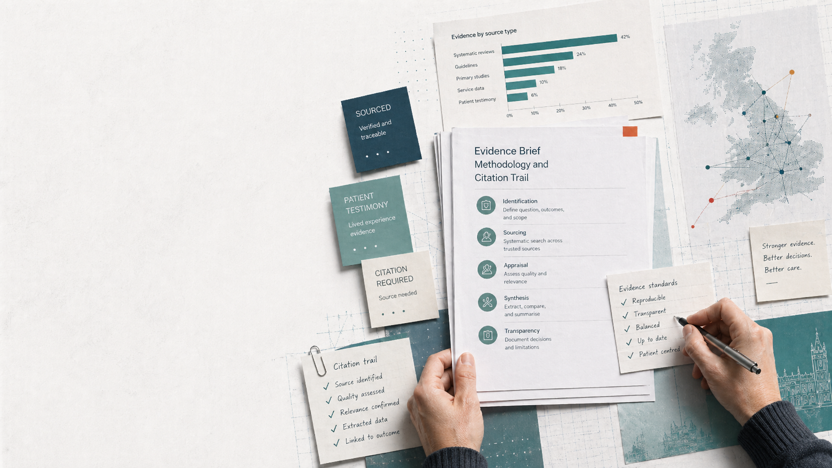 Evidence brief papers showing sourced evidence, patient testimony, and citation required labels.